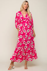 Fuchsia Floral V-Neck Dolman 3/4 Sleeve Midi Dress