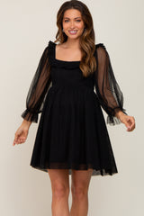 Black Polka Dot Mesh 3/4 Sleeve Maternity Dress