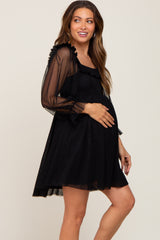 Black Polka Dot Mesh 3/4 Sleeve Maternity Dress