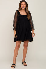 Black Polka Dot Mesh 3/4 Sleeve Maternity Dress