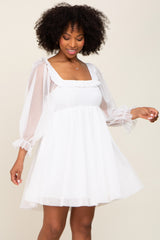 White Polka Dot Mesh 3/4 Sleeve Maternity Dress