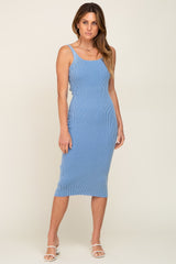 Blue Rib Knit Lace Up Back Midi Dress