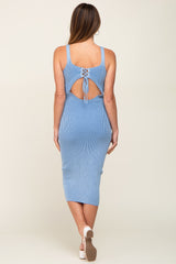Blue Rib Knit Lace Up Back Midi Dress