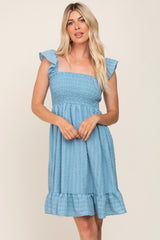 Light Blue Textured Sleeveless Smocked Maternity Dress