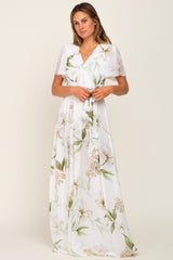 White Floral Chiffon Wrap Front Short Sleeve Maternity Maxi Dress