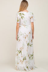 White Floral Chiffon Wrap Front Short Sleeve Maternity Maxi Dress