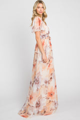 Peach Floral Chiffon Wrap Front Short Sleeve Maxi Dress