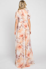 Peach Floral Chiffon Wrap Front Short Sleeve Maxi Dress