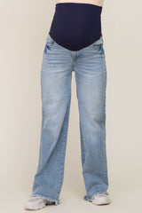 Light Blue Fringe Hem Maternity Wide Leg Jeans