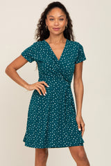 Teal Wrap Front V-Neck Short Sleeve Maternity Dress