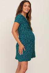 Teal Wrap Front V-Neck Short Sleeve Maternity Dress