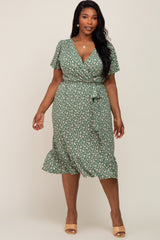 Olive Floral Wrap Front V-Neck Tied Waist Plus Dress