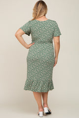 Olive Floral Wrap Front V-Neck Tied Waist Maternity Plus Dress