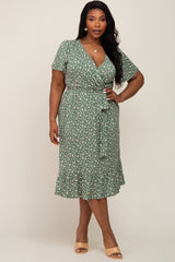 Olive Floral Wrap Front V-Neck Tied Waist Maternity Plus Dress