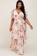 Pink Floral Chiffon Wrap Front Short Sleeve Plus Maxi Dress