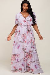 Lavender Floral Chiffon Wrap Front Short Sleeve Maternity Plus Maxi Dress