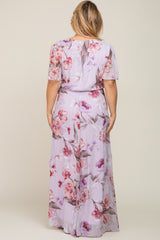 Lavender Floral Chiffon Wrap Front Short Sleeve Maternity Plus Maxi Dress