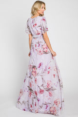 Lavender Floral Chiffon Wrap Front Short Sleeve Maxi Dress