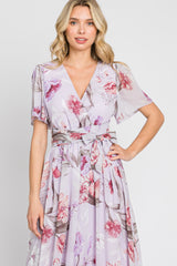 Lavender Floral Chiffon Wrap Front Short Sleeve Maxi Dress