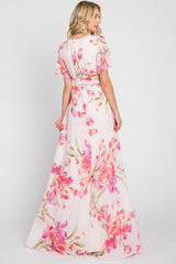 Pink Tulip Floral Chiffon Wrap Front Short Sleeve Maxi Dress