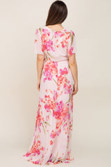 Pink Tulip Floral Chiffon Wrap Front Short Sleeve Maternity Maxi Dress