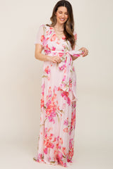 Pink Tulip Floral Chiffon Wrap Front Short Sleeve Maternity Maxi Dress