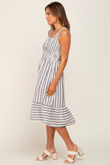 Blue Striped Sleeveless Ruffle Hem Midi Dress