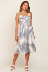 Blue Striped Sleeveless Ruffle Hem Midi Dress