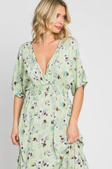 Lime Floral Wrap V-Neck Smocked Waist Maxi Dress