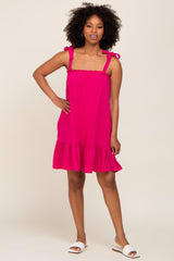 Fuchsia Linen Square Neck Tie Strap Ruffle Hem Maternity Dress