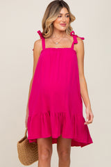 Fuchsia Linen Square Neck Tie Strap Ruffle Hem Maternity Dress