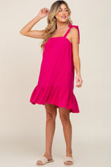 Fuchsia Linen Square Neck Tie Strap Ruffle Hem Maternity Dress