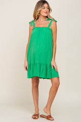 Green Linen Square Neck Tie Strap Ruffle Hem Maternity Dress