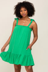 Green Linen Square Neck Tie Strap Ruffle Hem Dress