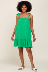 Green Linen Square Neck Tie Strap Ruffle Hem Maternity Dress