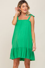 Green Linen Square Neck Tie Strap Ruffle Hem Maternity Dress