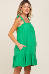 Green Linen Square Neck Tie Strap Ruffle Hem Maternity Dress