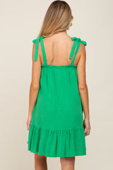 Green Linen Square Neck Tie Strap Ruffle Hem Maternity Dress