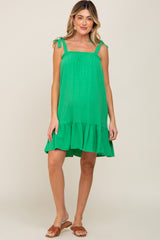 Green Linen Square Neck Tie Strap Ruffle Hem Maternity Dress