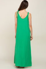 Green Linen V-Neck Tie Strap Maternity Maxi Dress