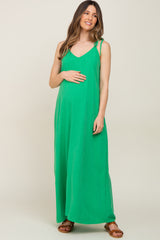 Green Linen V-Neck Tie Strap Maternity Maxi Dress