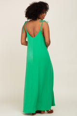 Green Linen V-Neck Tie Strap Maxi Dress