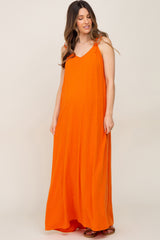 Orange Linen V-Neck Tie Strap Maternity Maxi Dress