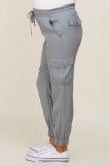 Grey Drawstring Cargo Maternity Pants