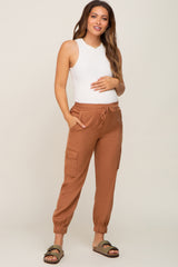 Camel Drawstring Cargo Maternity Pants