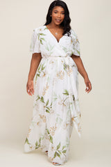 White Floral Chiffon Wrap Front Short Sleeve Maternity Plus Maxi Dress