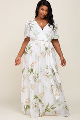 White Floral Chiffon Wrap Front Short Sleeve Plus Maxi Dress