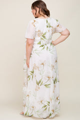 White Floral Chiffon Wrap Front Short Sleeve Maternity Plus Maxi Dress