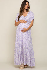 Lavender Floral Cinched Bust Maternity Maxi Dress