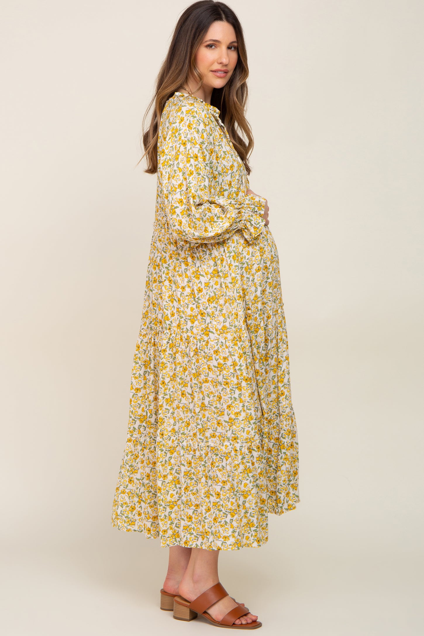 Yellow Floral Front Tie Long Sleeve Tiered Maternity Midi Dress
